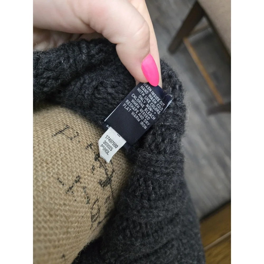 Charcoal Grey Chunky Knit Full Zip Cardigan Sweater High Neck Ribbed Trim S